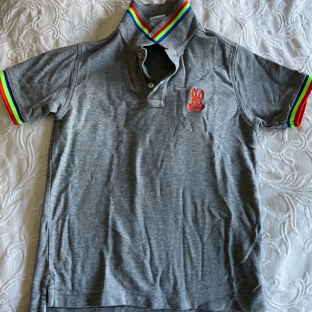 Gray psycho bunny polo with striped trim